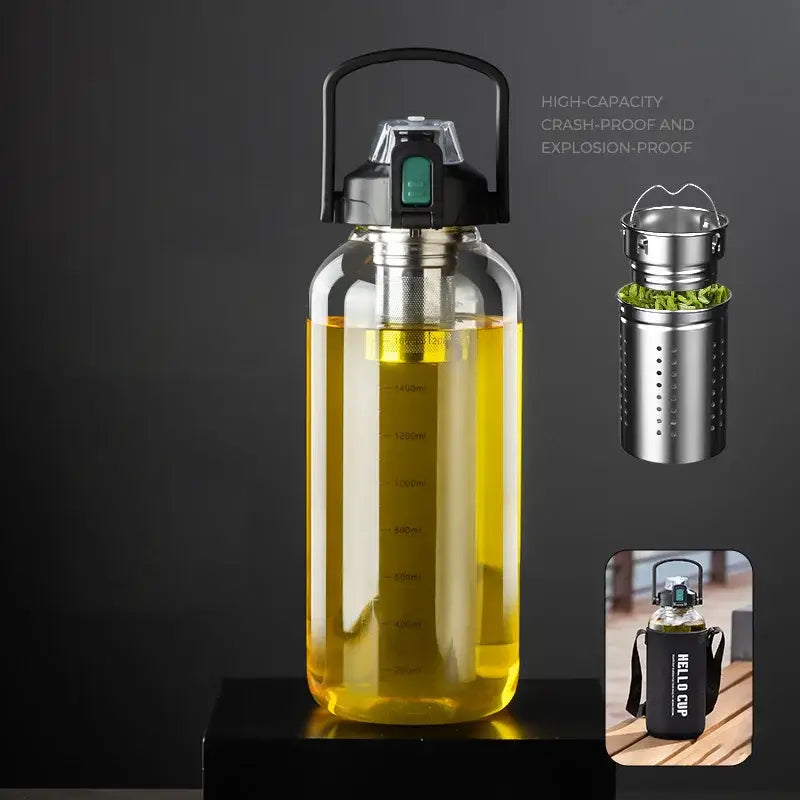 Modern black and green decorbites glass cup with stainless steel infuser and black handle for tea separation