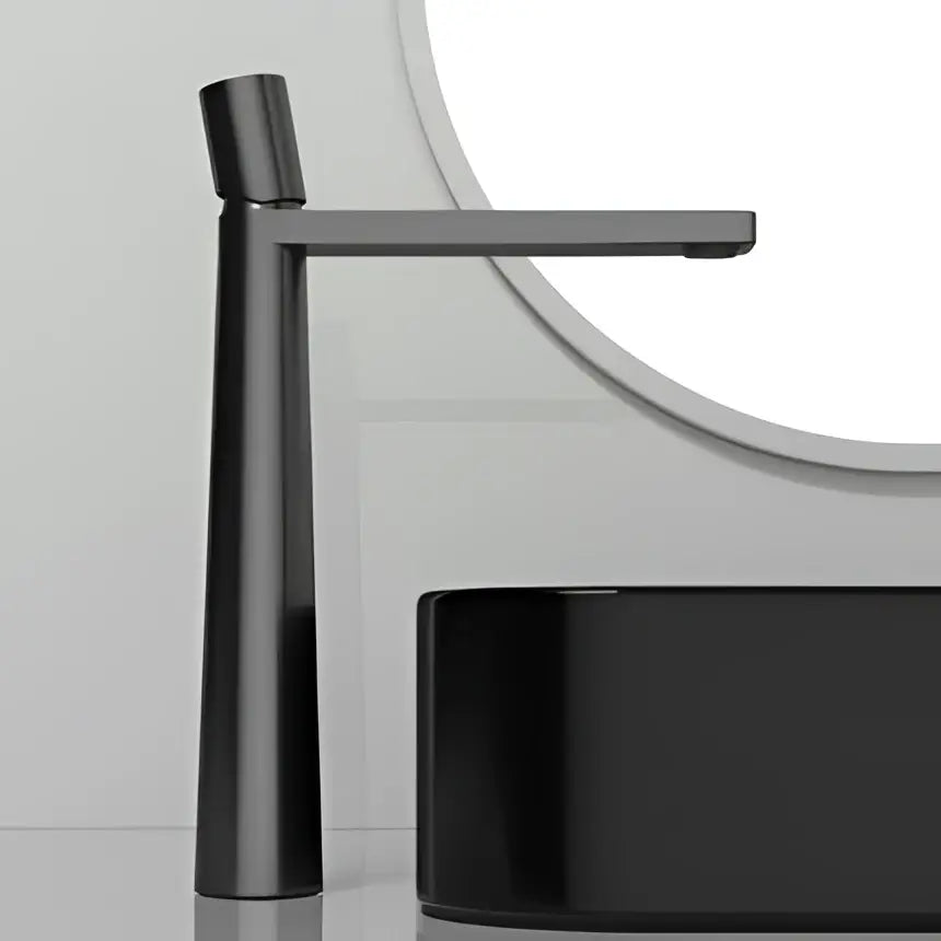 Modern black and grey brass decorbites basin faucet with matte finish and sleek minimalist design for bathroom use