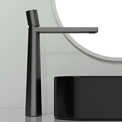Modern black and grey brass decorbites basin faucet with matte finish and sleek minimalist design for bathroom use