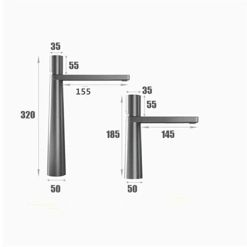 Modern black and grey brass decorbites basin faucet with matte finish and two height options for bathroom use