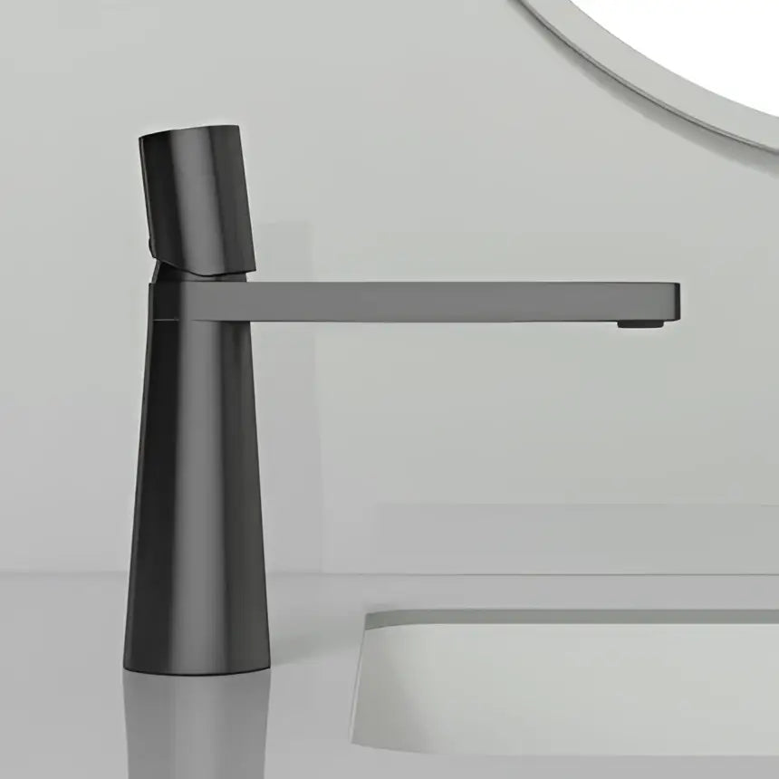 Modern matte black and grey brass decorbites basin faucet with sleek minimalist design and long horizontal spout