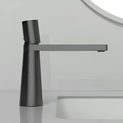Modern matte black and grey brass decorbites basin faucet with sleek minimalist design and long horizontal spout