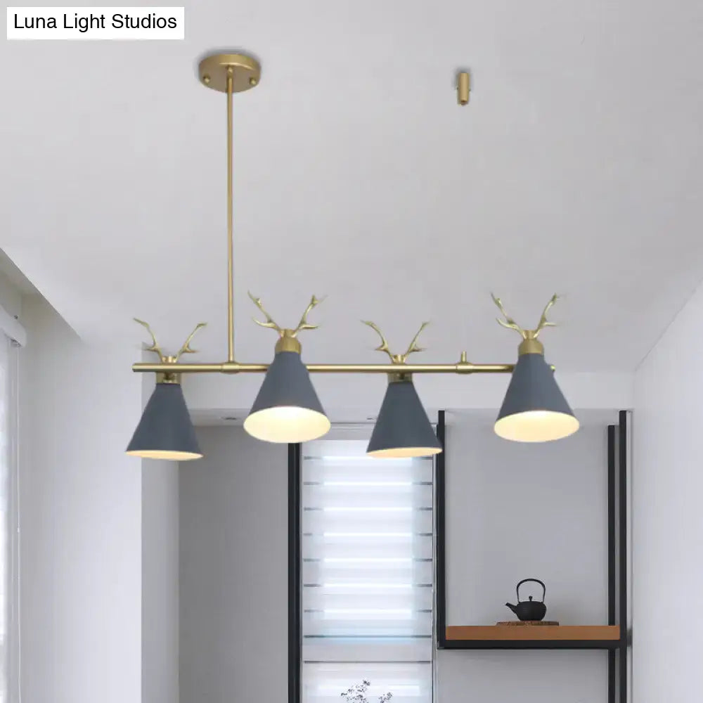 Modern brass-finished decorbites antler design nordic chandelier with four matte grey white conical shades for island lighting