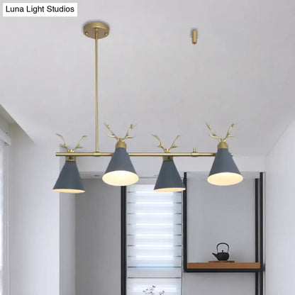 Modern brass-finished decorbites antler design nordic chandelier with four matte grey white conical shades for island lighting