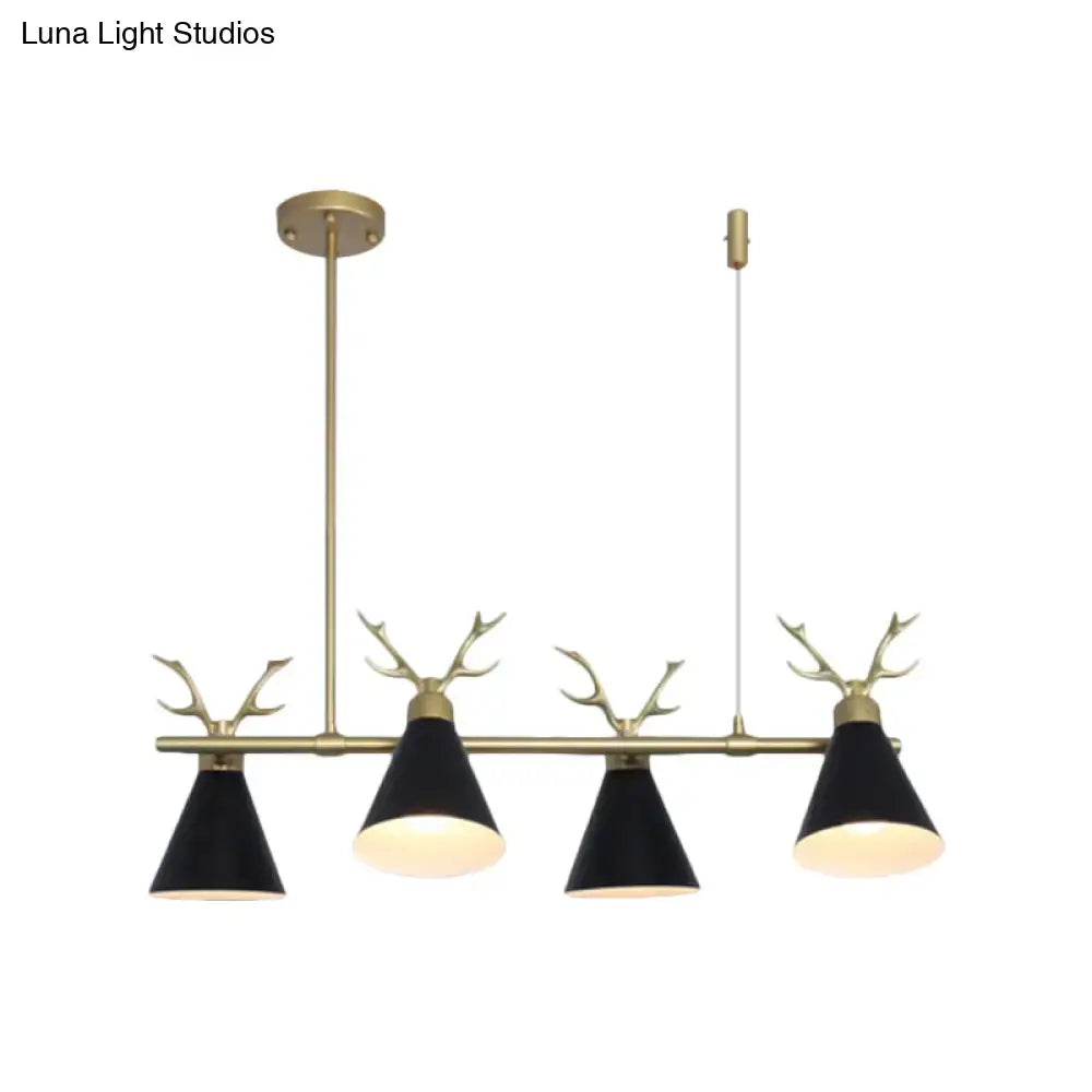 Brass-finished deer antler pendant light with four black conical shades in black grey white for restaurant island lighting
