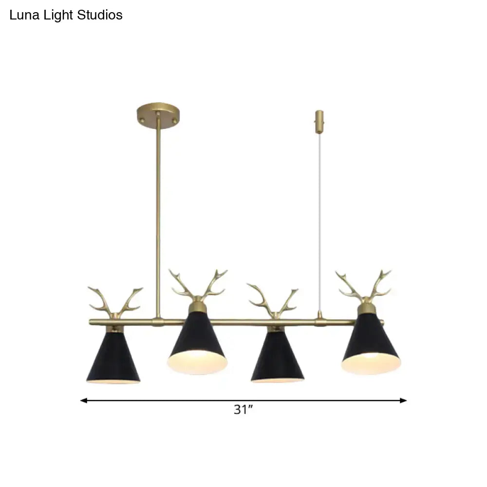 Modern black conical shade pendant light with brass antler-inspired fixtures in black grey white for restaurant island lighting