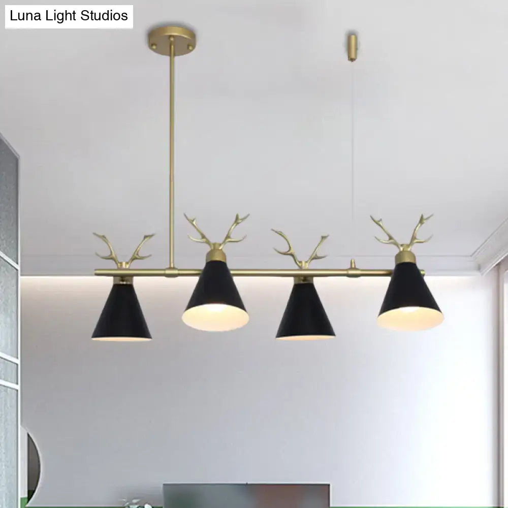Modern black conical pendant light fixture with brass antler accents for black grey white contemporary interiors