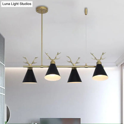 Modern black conical pendant light fixture with brass antler accents for black grey white contemporary interiors