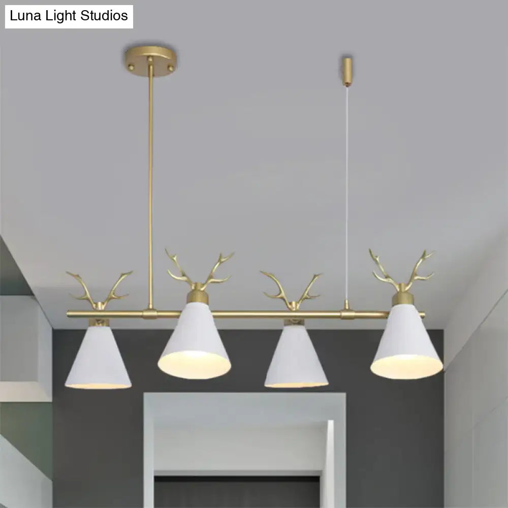 DecorBites™ antler design nordic chandelier with gold tone, white conical shades, black grey white accents for restaurant island lighting