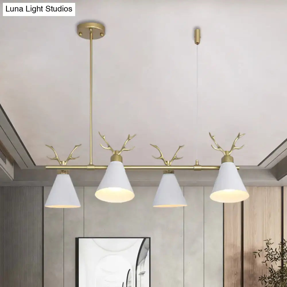 Decorbites antler design nordic chandelier featuring a gold-toned deer antler pendant with four white conical shades in black grey white