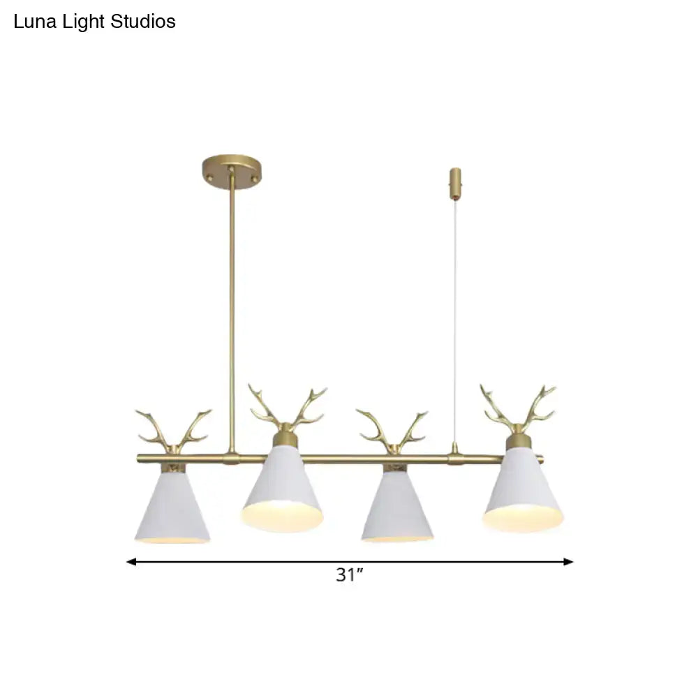 Gold-toned antler design chandelier with four white conical shades for black grey white restaurant island lighting