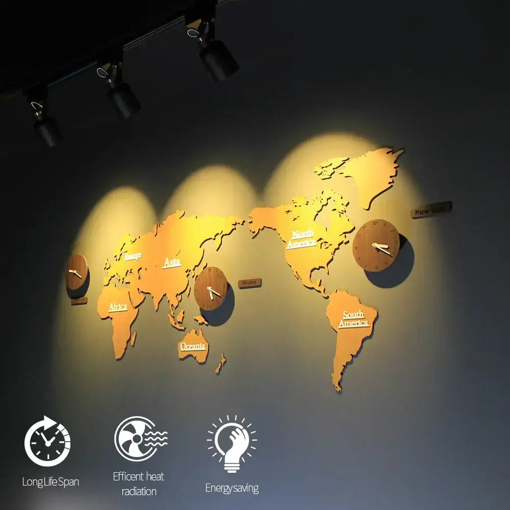 Modern black gu10 7w led track light illuminating golden world map wall decor with integrated clocks on each continent
