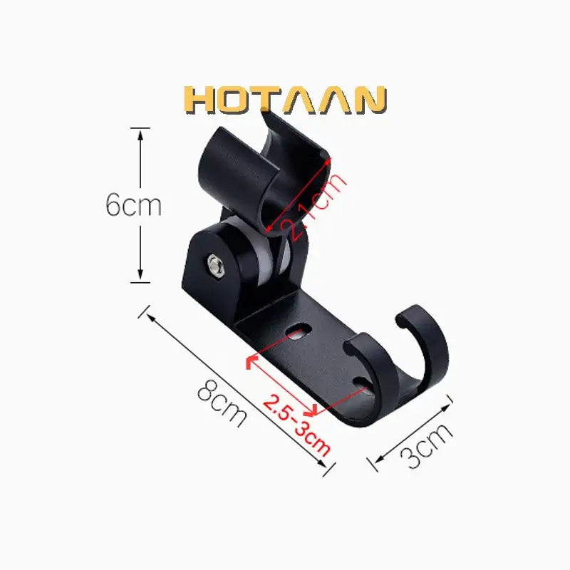 Modern black metal wall-mounted hand shower holder with adjustable arm and hooks for bathroom organization