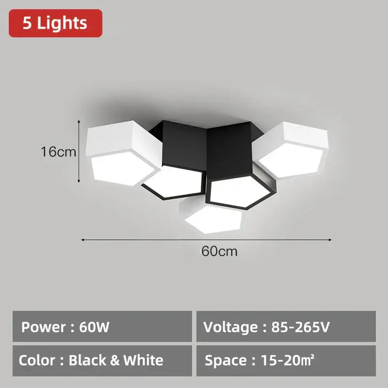 Modern black and white hexagonal geometric ceiling lamps with five illuminated panels for master bedroom decorbites ceiling lamps