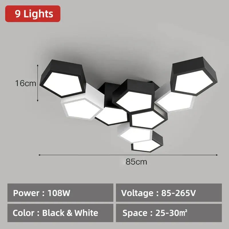 Modern black and white hexagonal geometric ceiling lamps with nine illuminated panels for master bedroom decorbites ceiling lamps