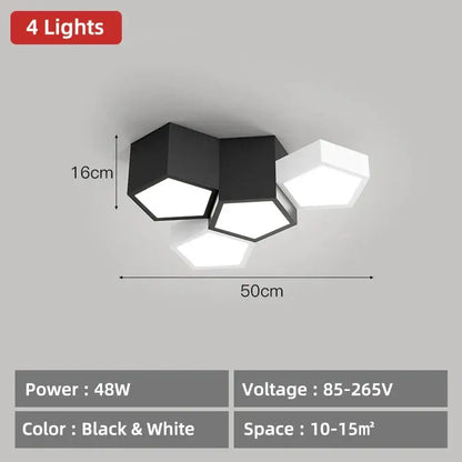 Modern black hexagonal geometric ceiling lamp with four illuminated bulbs ideal for master bedroom ceiling lamps decorbites