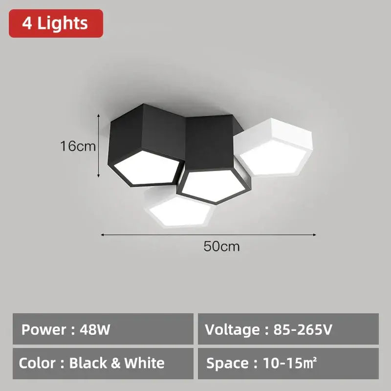 Modern black hexagonal geometric ceiling lamp with four illuminated bulbs ideal for master bedroom ceiling lamps decorbites