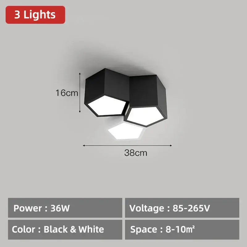 Modern black hexagonal geometric ceiling lamps with three illuminated white panels for master bedroom ceiling lamps