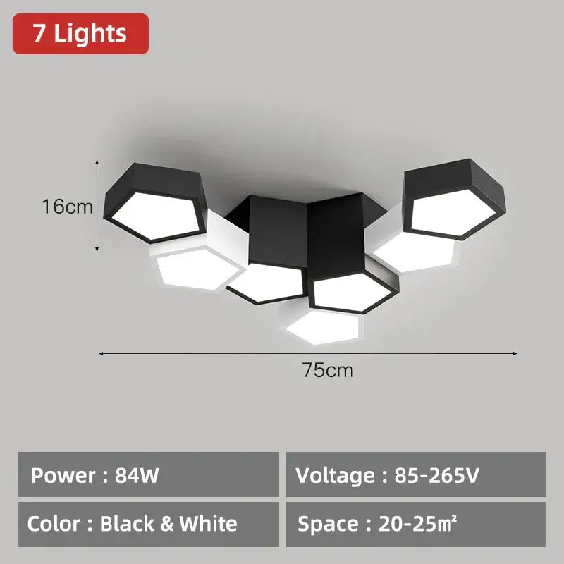 Modern black hexagonal geometric ceiling lamp with seven illuminated bulbs ideal for master bedroom ceiling lamps decorbites