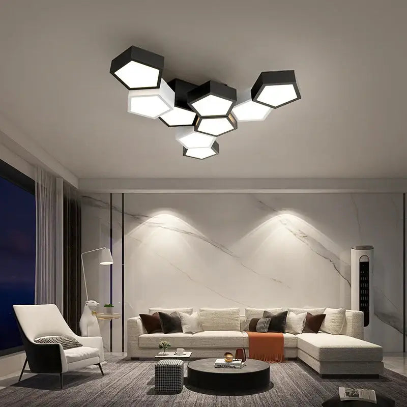 Modern black hexagonal geometric ceiling lamps with illuminated panels ideal for master bedroom ceiling lamps decorbites geometric ceiling