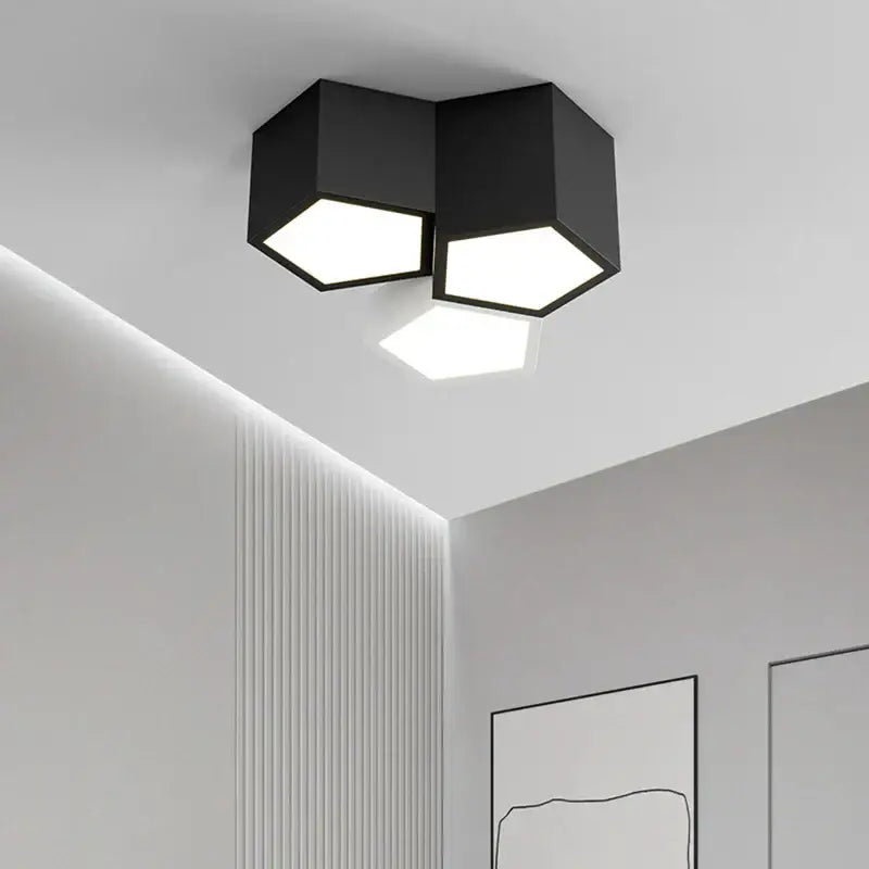 Modern black hexagonal geometric ceiling lamps with three illuminated panels for master bedroom ceiling lamps decorbites geometric ceiling