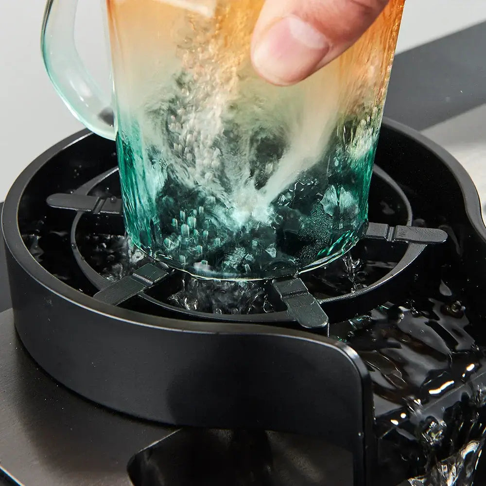Modern black high pressure glass cup washer with decorbites glass cup featuring orange to teal gradient textured surface