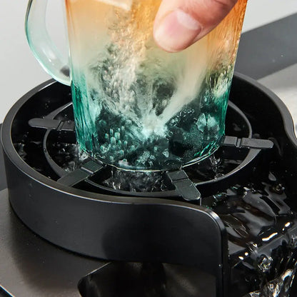 Modern black high pressure glass cup washer with decorbites glass cup featuring orange to teal gradient textured surface