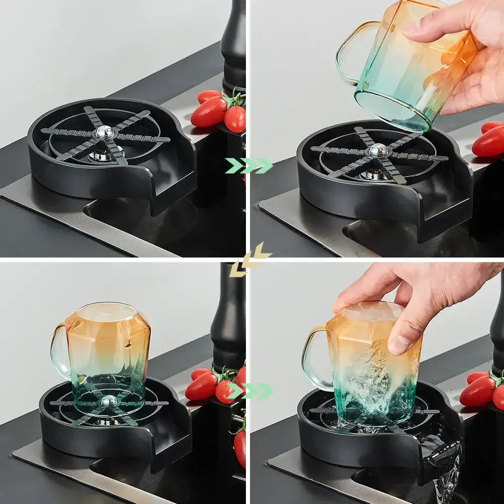 Modern black high pressure cup washer with a gradient decorbites glass cup featuring orange to teal faceted design