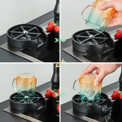 Modern black high pressure cup washer with a gradient decorbites glass cup featuring orange to teal faceted design