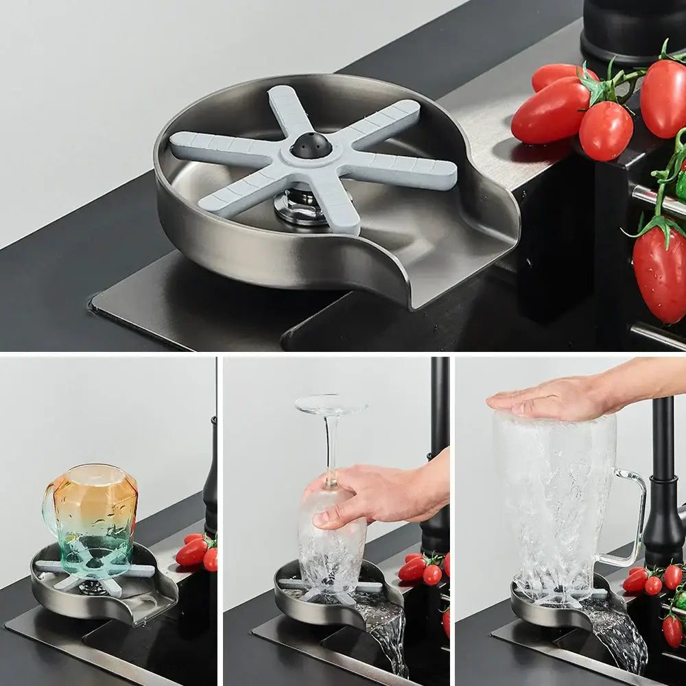 Modern black high pressure glass cup washer with stainless steel wine glass filler and gray star-shaped drip tray for decorbites glass cup