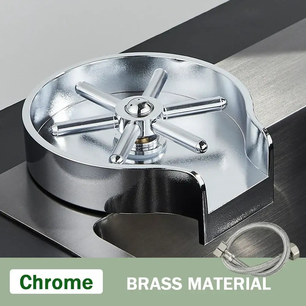Modern black high pressure glass cup washer featuring a chrome-finished brass bar sink drain with a star-shaped mechanism