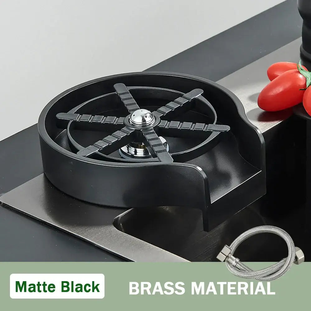 Matte black brass kitchen sink faucet with circular star shaped design and chrome knob for glass cup washer use