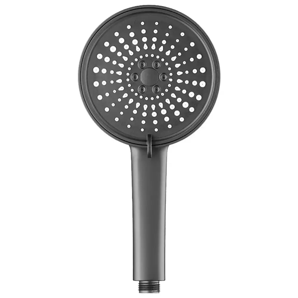 Matte black high pressure shower head with circular perforated face and central control knob for water saving rainfall