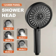 Modern black 125mm pressure shower head with multiple spray patterns for high pressure bathroom rainfall use
