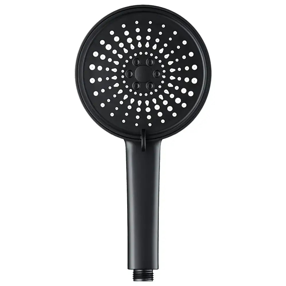 Modern black matte finish high pressure shower head with circular perforated face and central control knob for water saving rainfall