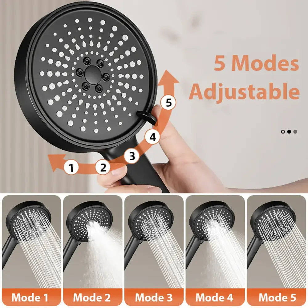 Modern black matte finish shower head with five adjustable spray modes for high pressure shower and water saving rainfall