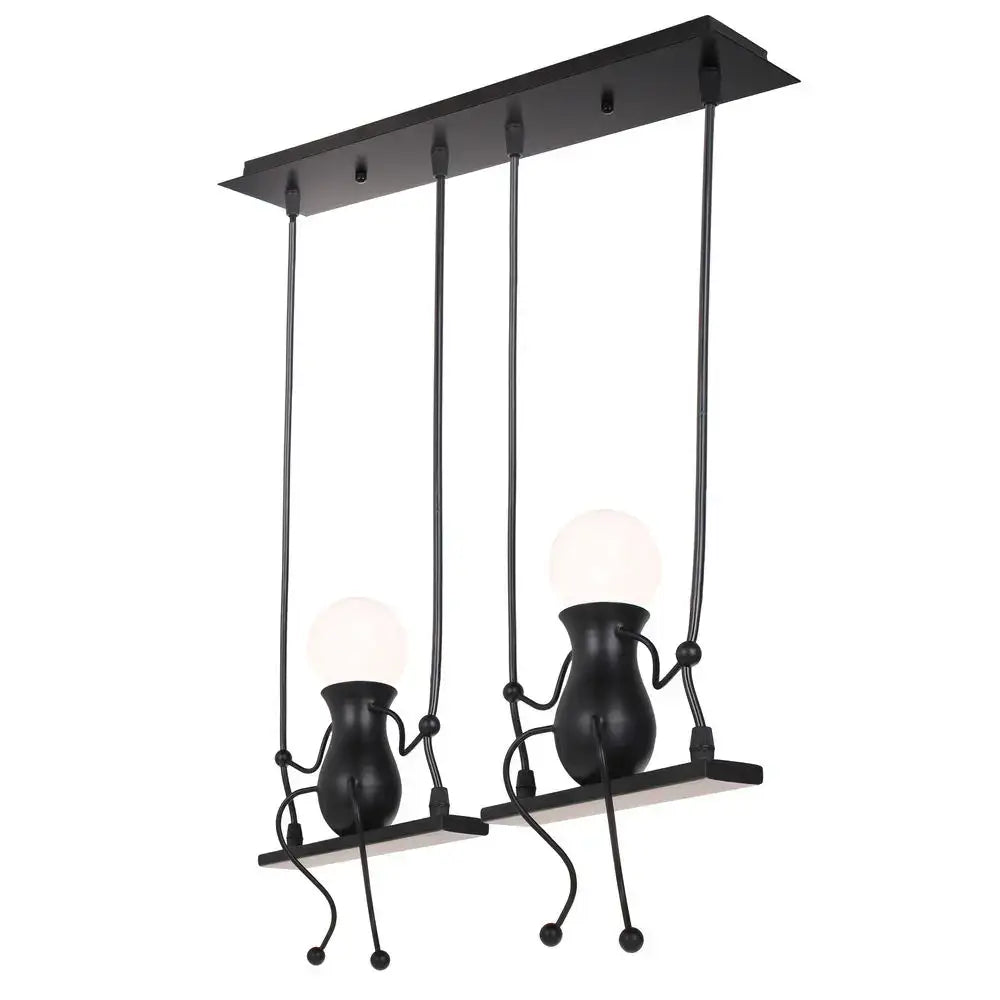 Modern black humanoid creative pendant light featuring two vase-shaped figures with articulated limbs holding bulbs