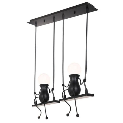 Modern black humanoid creative pendant light featuring two vase-shaped figures with articulated limbs holding bulbs
