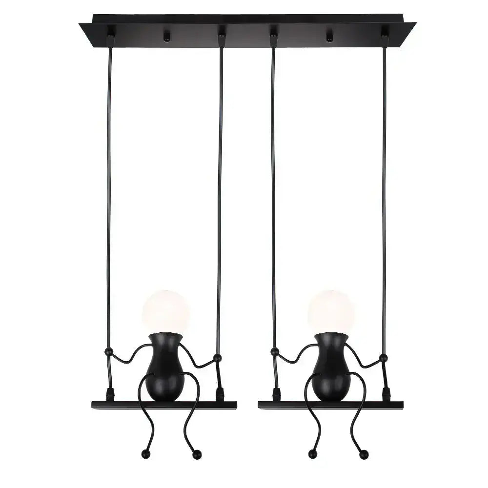 Modern black metal pendant light featuring two whimsical humanoid figures as a creative pendant light for bedroom