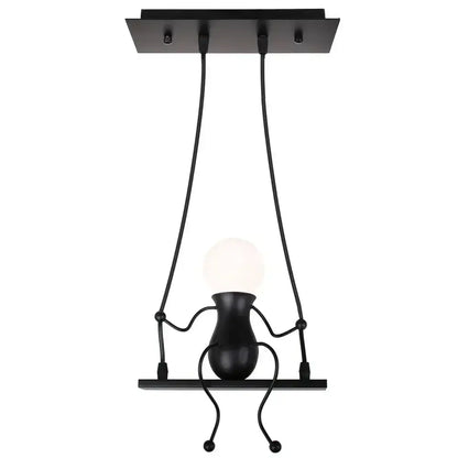 Modern black metal pendant light shaped like a whimsical figure on a swing holding an illuminated bulb creative pendant light