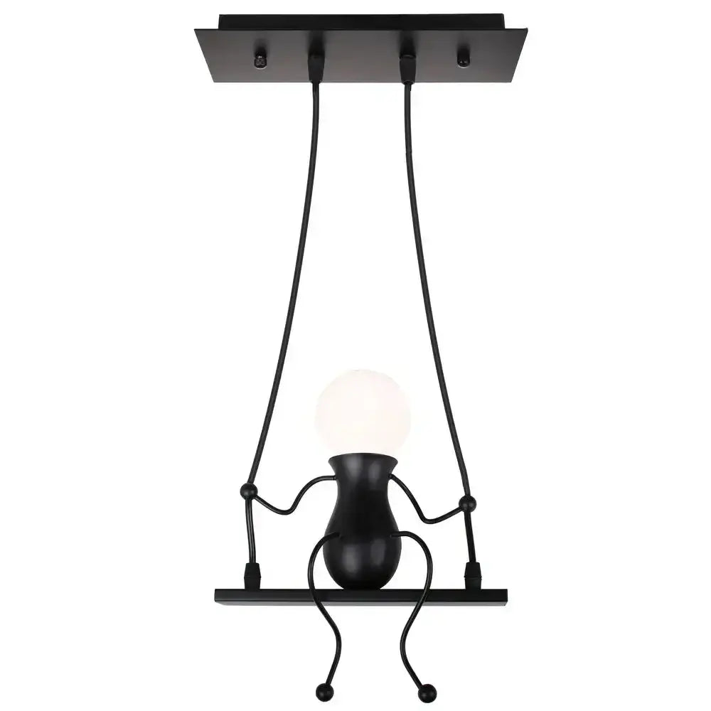 Modern black metal pendant light shaped like a whimsical figure on a swing holding an illuminated bulb creative pendant light