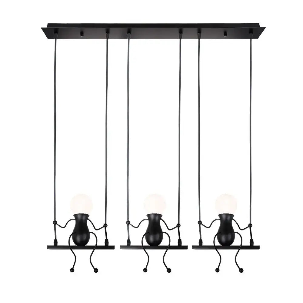 Modern black metal creative pendant light with three humanoid figures holding bulbs on swings for bedroom use