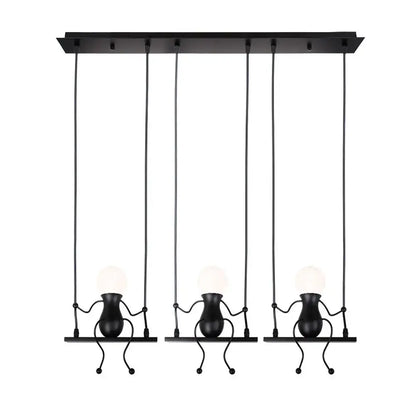 Modern black metal creative pendant light with three humanoid figures holding bulbs on swings for bedroom use