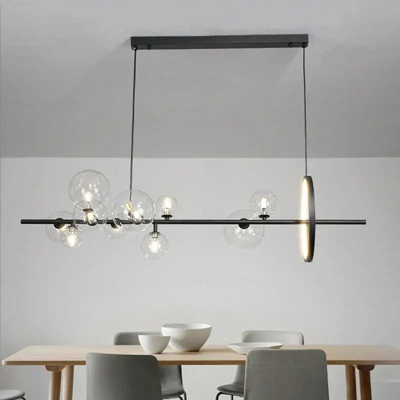 Modern black industrial glass pendant chandelier with clear globe bulbs and circular led accent for kitchen lighting decorbites industrial glass