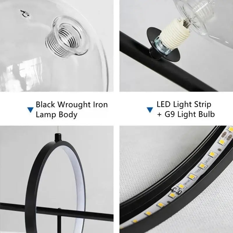 Modern black industrial glass pendant chandelier featuring a wrought iron lamp with clear glass globe and led light strip
