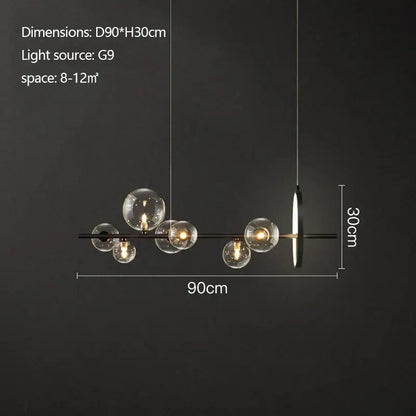 Modern black industrial glass pendant chandelier with clear glass globe bulbs and sleek circular accent for kitchen lighting