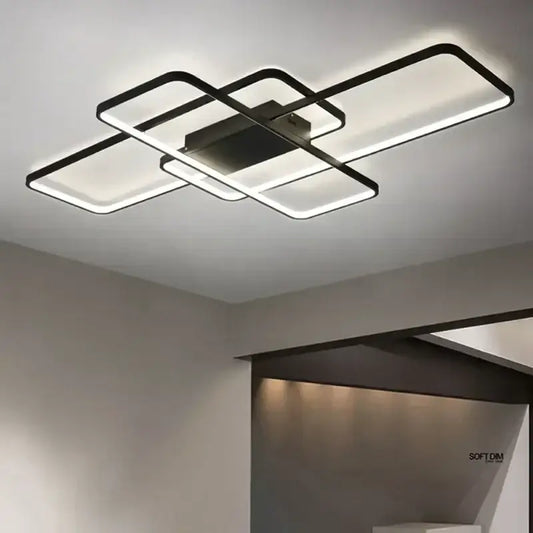 Modern black intersecting led ceiling light with rectangular panels emitting bright glow for decorbites elegant ceiling use