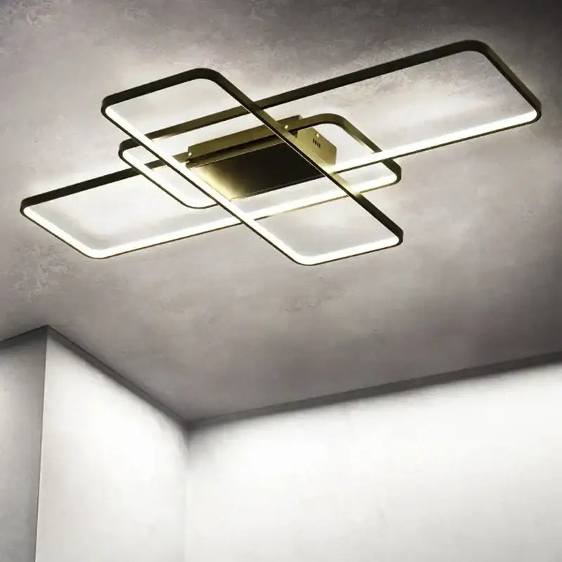 Modern black intersecting led ceiling light with sleek frame and dimmable white illumination for decorbites elegant ceiling decor