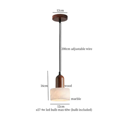 Modern black iron and white marble led pendant light with warm-toned marble shade wooden fixture and adjustable black wire