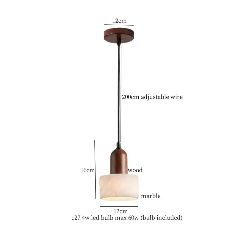Modern black iron and white marble led pendant light with warm-toned marble shade wooden fixture and adjustable black wire
